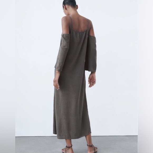 Zara taupe gray linen blend off-the-shoulder midi dress - size Large (L) - Picture 3 of 4
